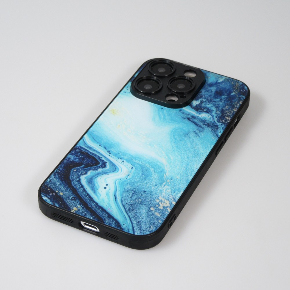 Coque iPhone 14 Pro Max - Glass marbre avec bord en silicone - Bleu foncé
