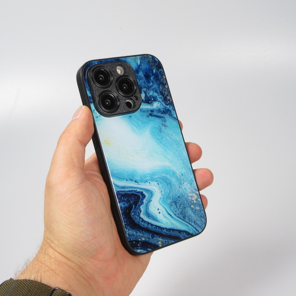 iPhone 14 Pro Max Case Hülle - Glass Marmor mit Silikonrand - Dunkelblau