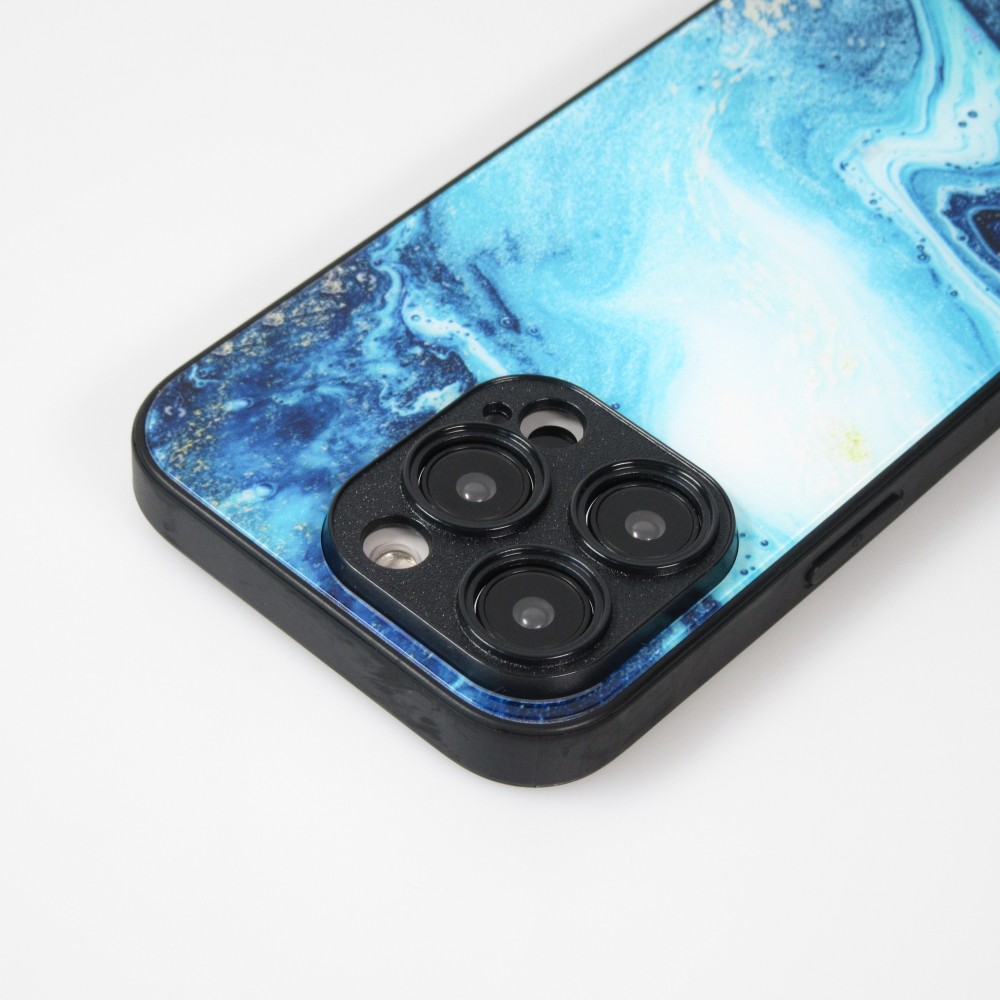 iPhone 14 Pro Max Case Hülle - Glass Marmor mit Silikonrand - Dunkelblau