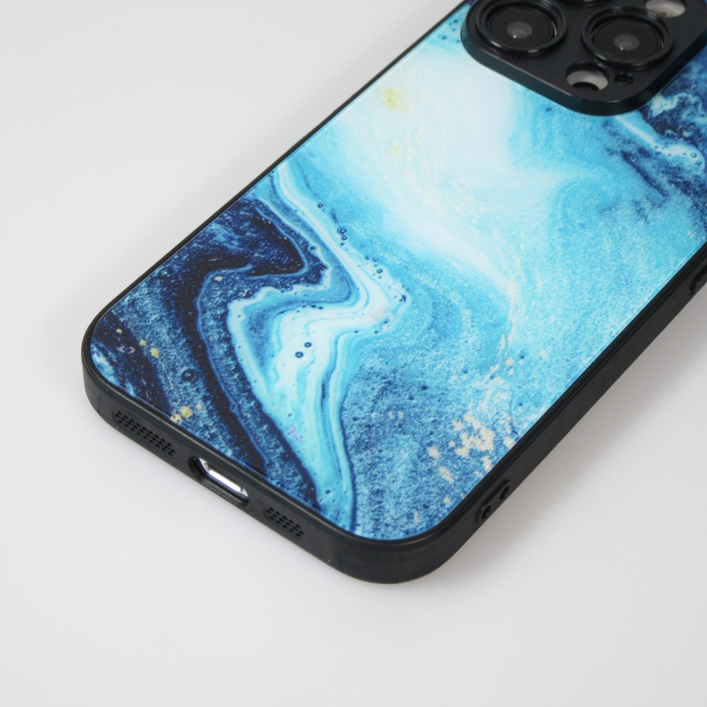 Coque iPhone 14 Pro Max - Glass marbre avec bord en silicone - Bleu foncé