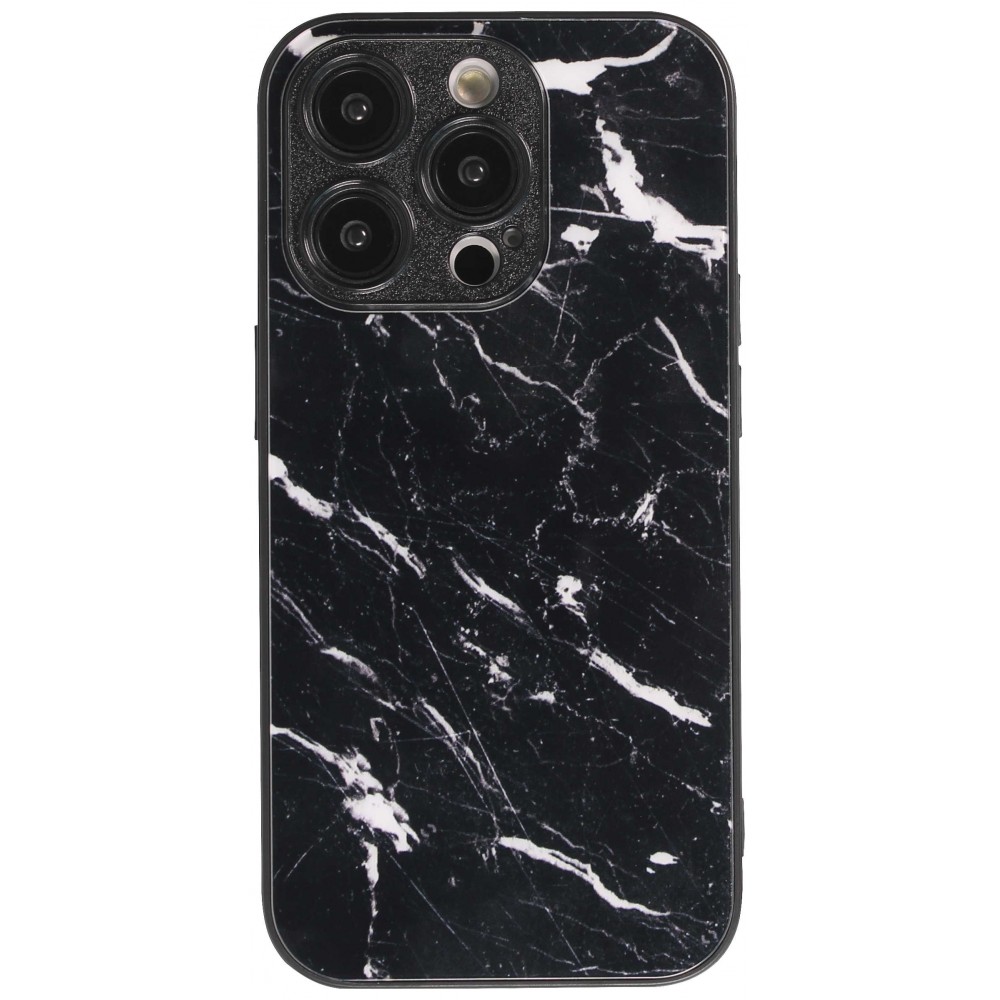 iPhone 13 Pro Case Hülle - Glass Marmor mit Silikonrand - Schwarz