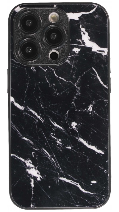iPhone 14 Pro Case Hülle - Glass Marmor mit Silikonrand - Schwarz