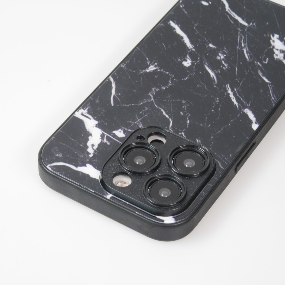 iPhone 13 Pro Case Hülle - Glass Marmor mit Silikonrand - Schwarz