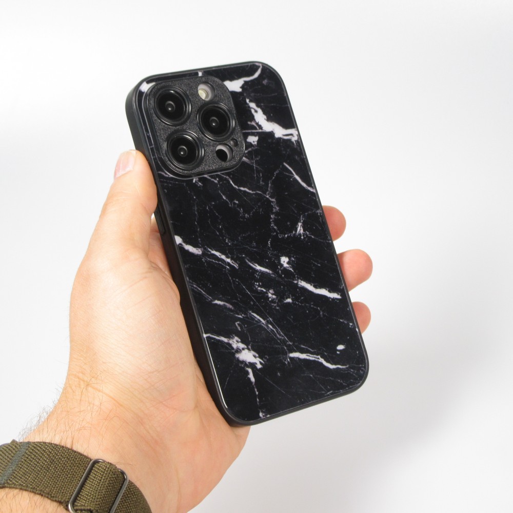 Coque iPhone 13 Pro - Glass marbre avec bord en silicone - Noir