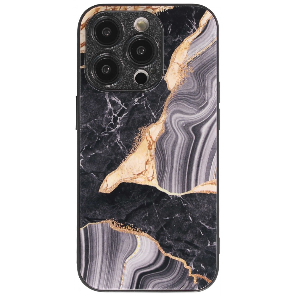 Coque iPhone 13 Pro Max - Glass marbre avec bord en silicone - Noir/or