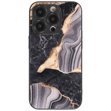 Coque iPhone 13 Pro Max - Glass marbre avec bord en silicone - Noir/or