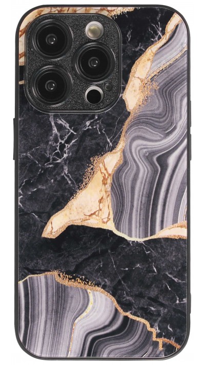 iPhone 13 Pro Max Case Hülle - Glass Marmor mit Silikonrand - Schwarz/Gold