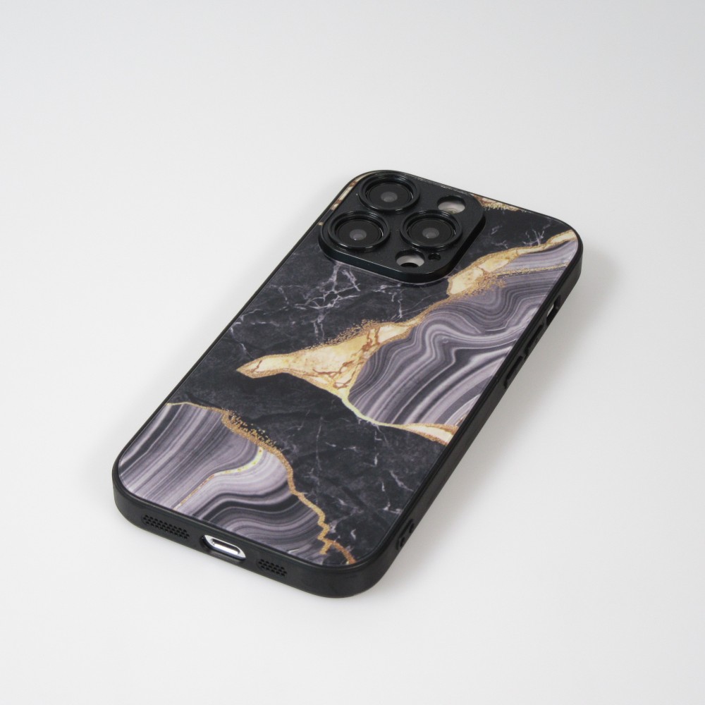 Coque iPhone 13 Pro Max - Glass marbre avec bord en silicone - Noir/or