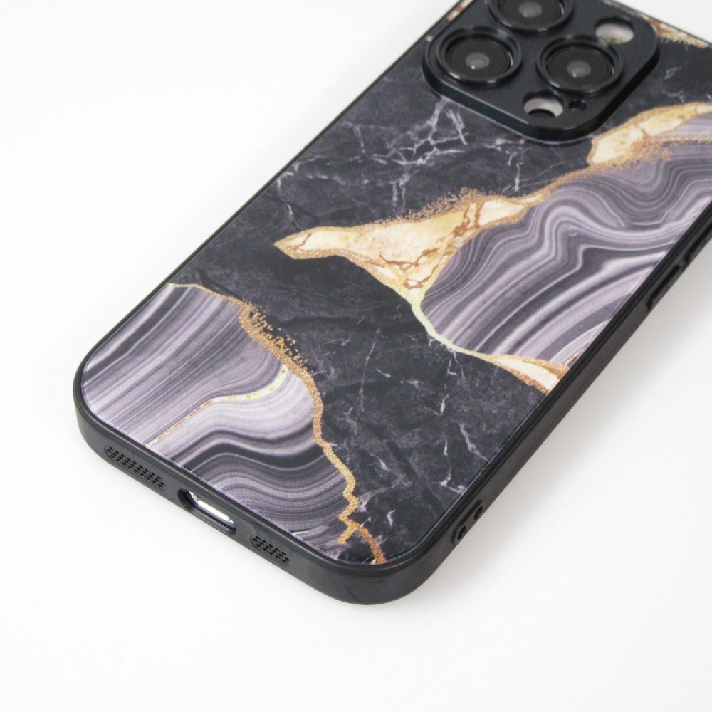 Coque iPhone 13 Pro Max - Glass marbre avec bord en silicone - Noir/or