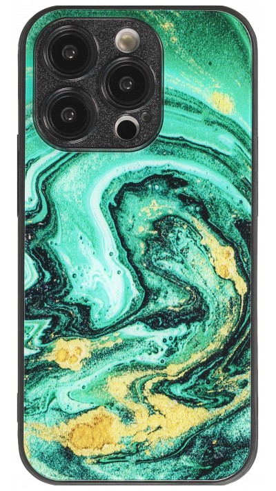 iPhone 14 Pro Case Hülle - Glass Marmor mit Silikonrand - Grün