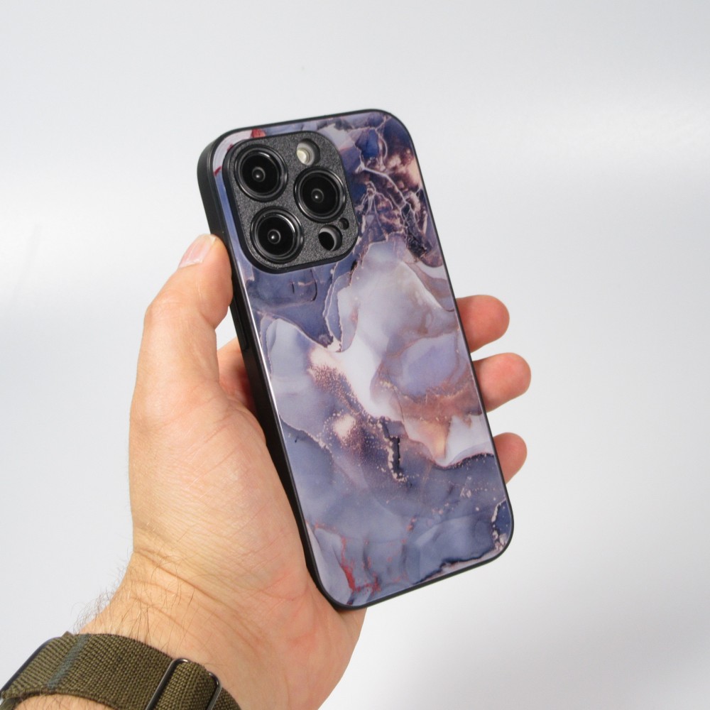 iPhone 13 Pro Max Case Hülle - Glass Marmor mit Silikonrand - Violett