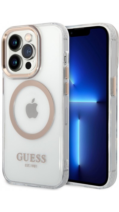 Coque iPhone 14 - Guess silicone rigide avec MagSafe en doré - Transparent