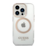 Coque iPhone 14 Pro - Guess silicone rigide avec MagSafe en doré - Transparent