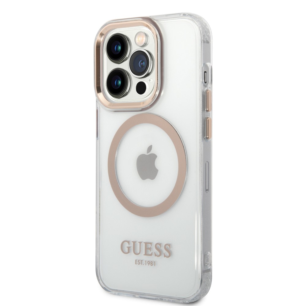 Coque iPhone 14 Pro - Guess silicone rigide avec MagSafe en doré - Transparent