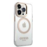 Coque iPhone 14 Pro - Guess silicone rigide avec MagSafe en doré - Transparent