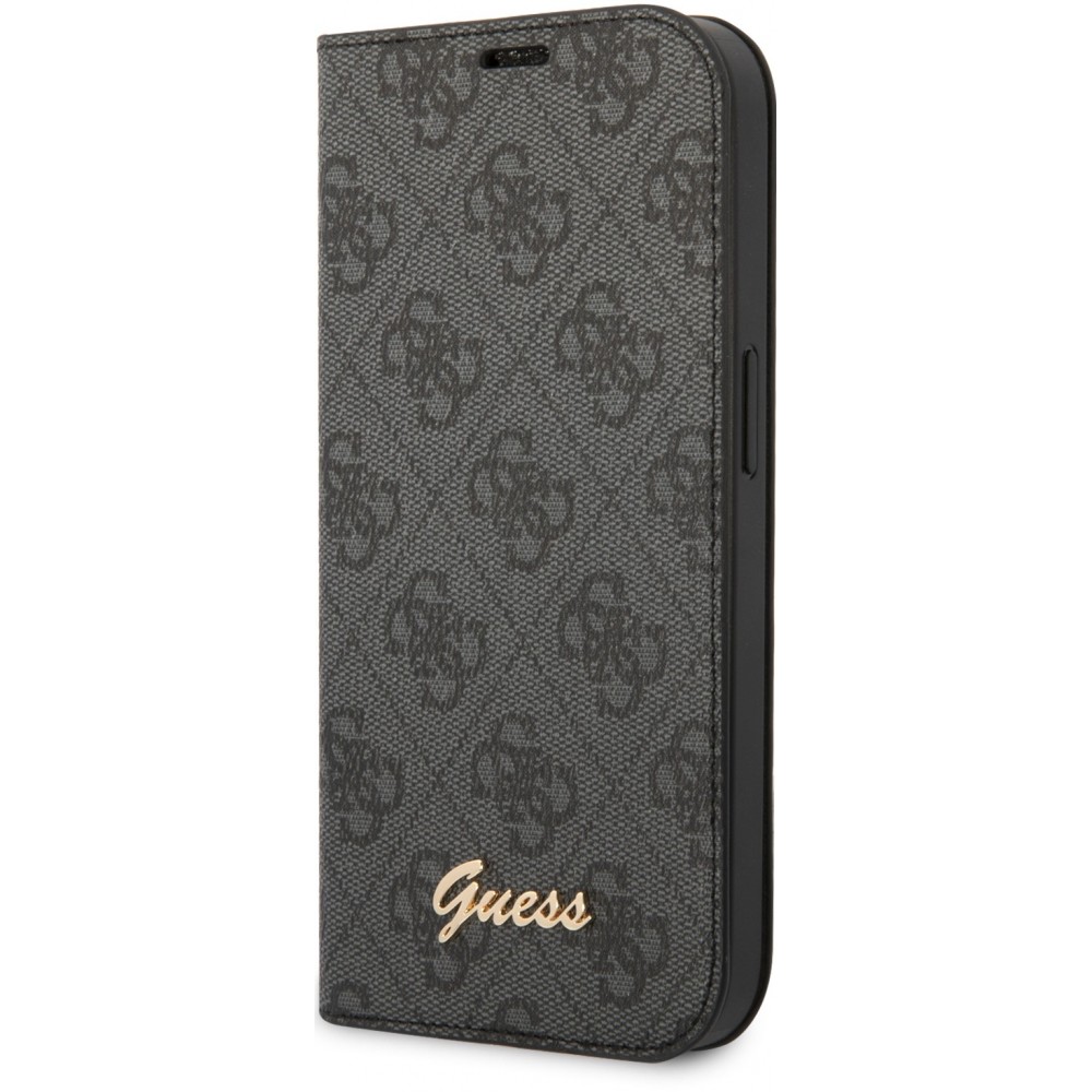 Fourre iPhone 14 Pro - Flip Guess toile similicuir avec logo métallique doré en relief - Noir