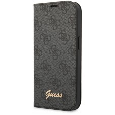 Fourre iPhone 14 Pro Max - Flip Guess toile similicuir avec logo métallique doré en relief - Noir