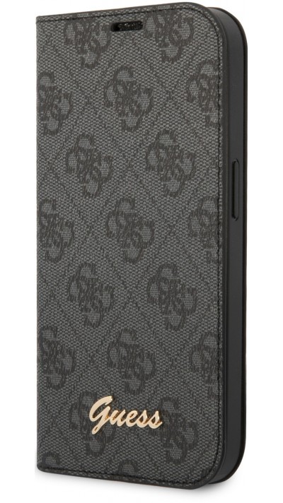 Fourre iPhone 14 Pro Max - Flip Guess toile similicuir avec logo métallique doré en relief - Noir