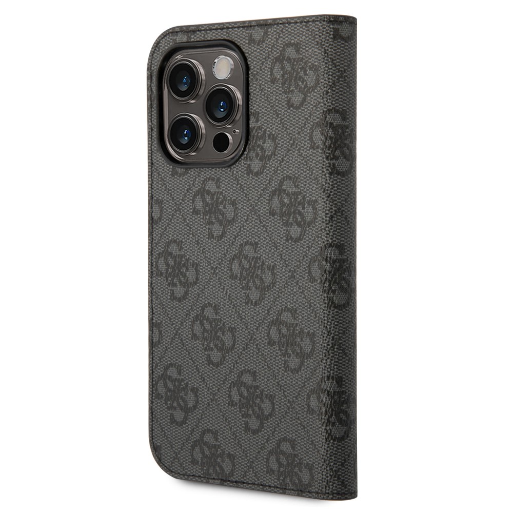 Fourre iPhone 14 Pro Max - Flip Guess toile similicuir avec logo métallique doré en relief - Noir