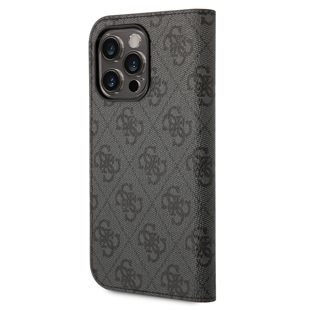 Fourre iPhone 14 Pro - Flip Guess toile similicuir avec logo métallique doré en relief - Noir