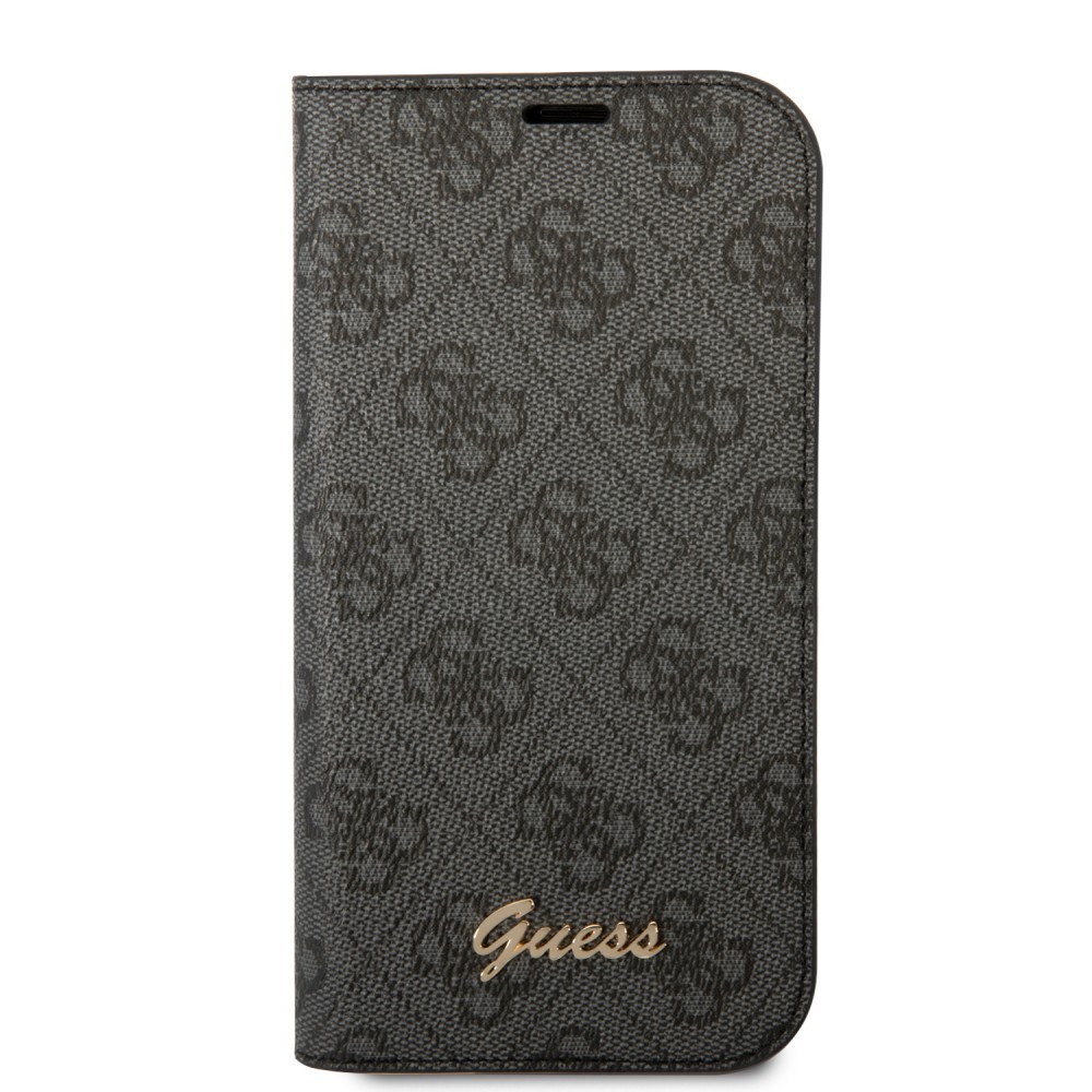 Fourre iPhone 14 Pro Max - Flip Guess toile similicuir avec logo métallique doré en relief - Noir