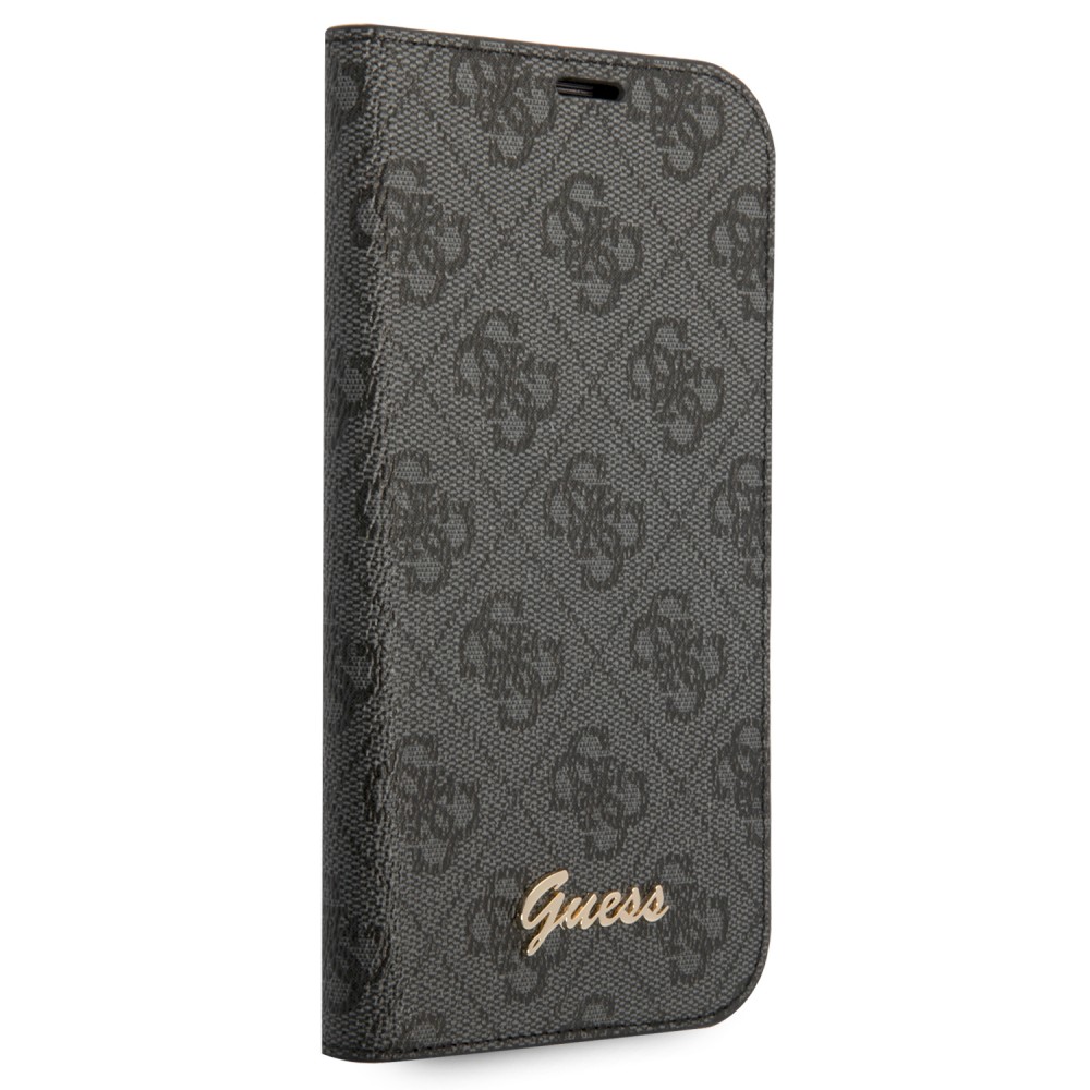 Fourre iPhone 14 Pro - Flip Guess toile similicuir avec logo métallique doré en relief - Noir