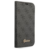 Fourre iPhone 14 Pro Max - Flip Guess toile similicuir avec logo métallique doré en relief - Noir