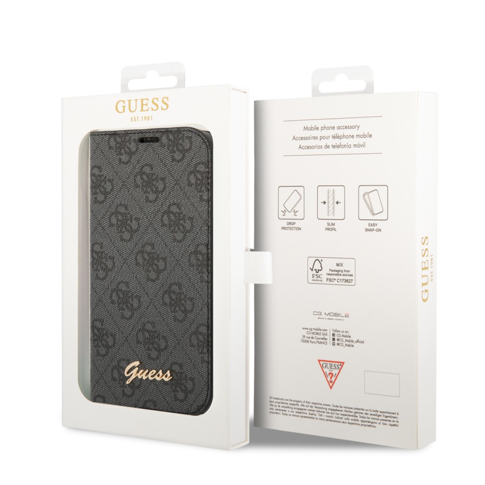 Fourre iPhone 14 Pro Max - Flip Guess toile similicuir avec logo métallique doré en relief - Noir