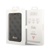 iPhone 14 Pro Max Case Hülle - Flip Guess Leinwand Kunstleder mit goldfarbenem Metall-Logo in Reliefoptik - Schwarz