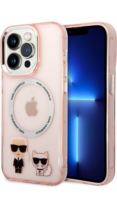 Coque iPhone 14 Pro Max - Karl Lagerfeld et Choupette duo gel rigide avec MagSafe argenté - Rose
