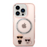 Coque iPhone 14 Pro - Karl Lagerfeld et Choupette duo gel rigide avec MagSafe argenté - Rose