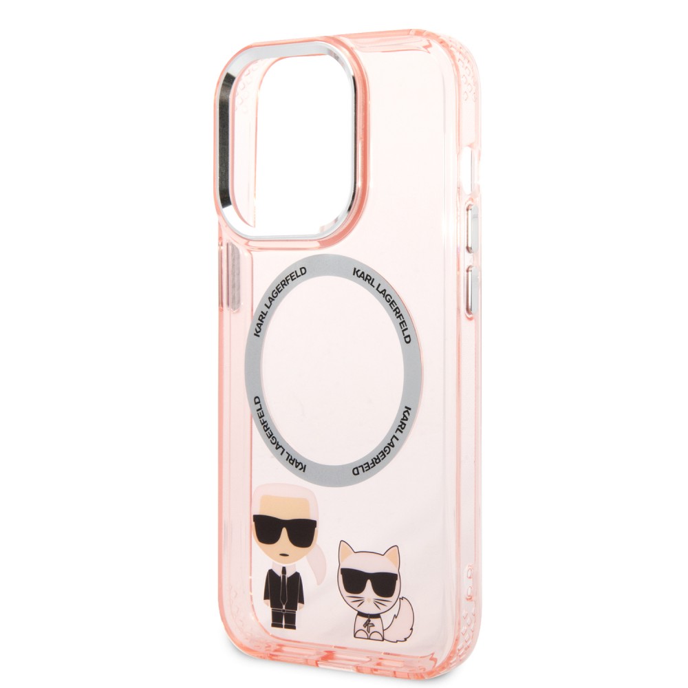 iPhone 14 Pro Case Hülle - Karl Lagerfeld und Choupette duo gel rigide mit MagSafe in silber - Rosa