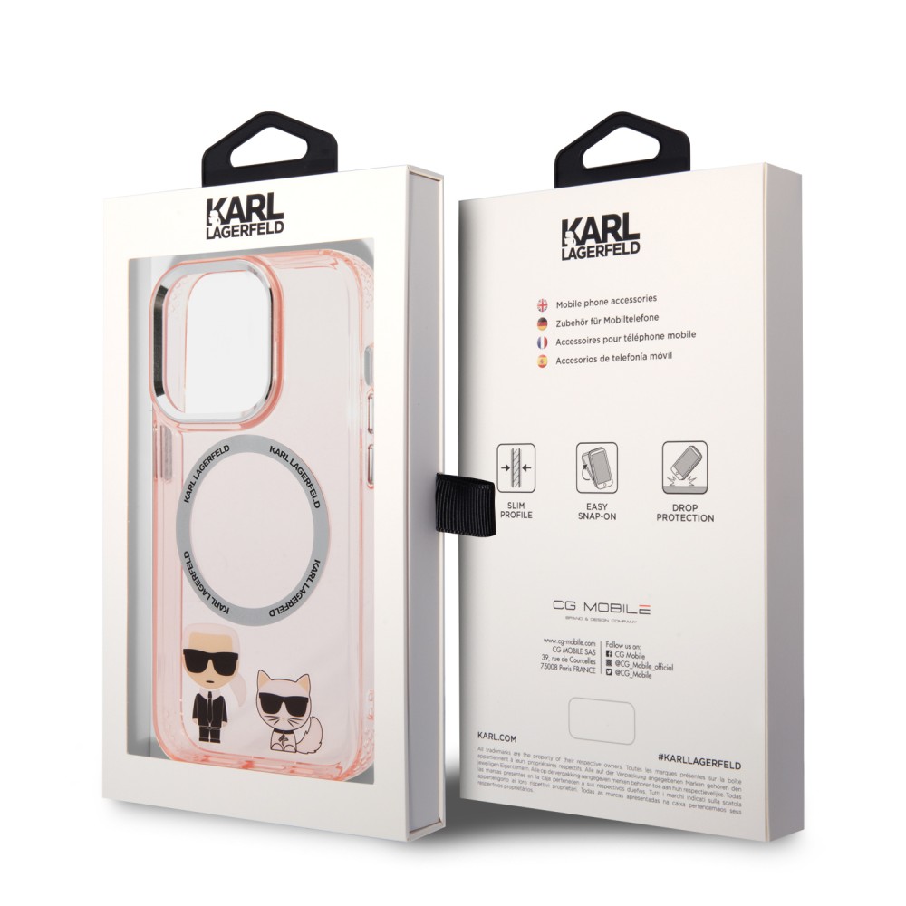 Coque iPhone 14 Pro - Karl Lagerfeld et Choupette duo gel rigide avec MagSafe argenté - Rose