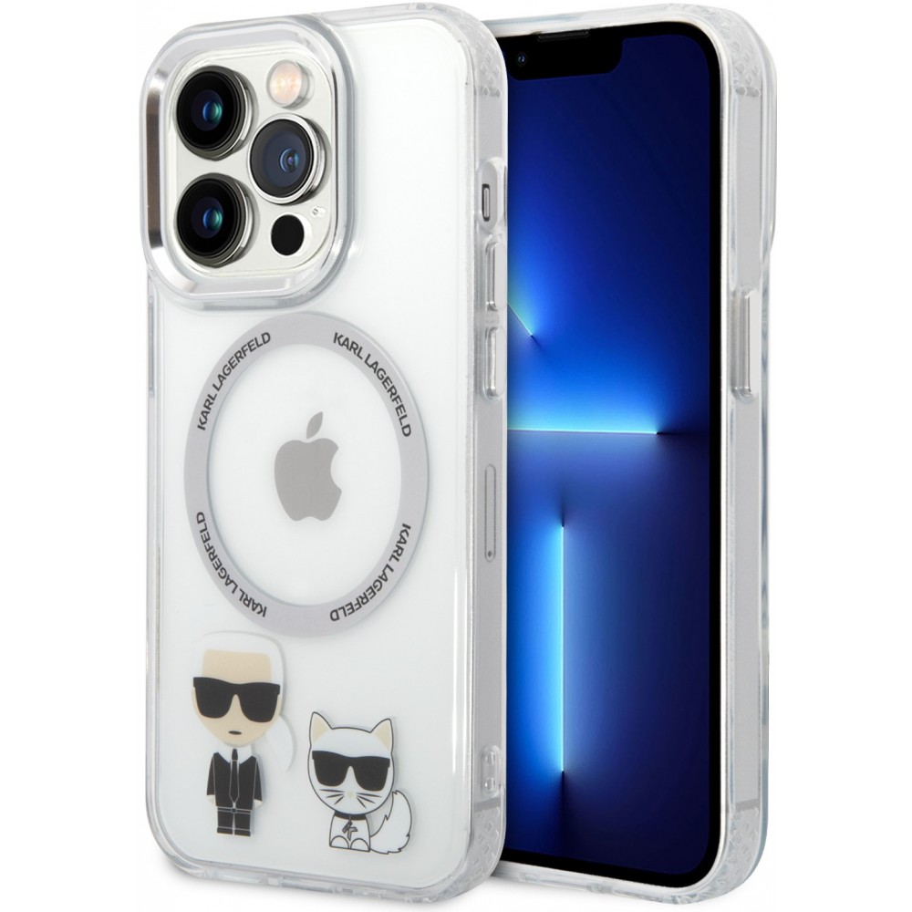 iPhone 14 Pro Case Hülle - Karl Lagerfeld und Choupette duo gel rigide mit MagSafe in silber - Transparent