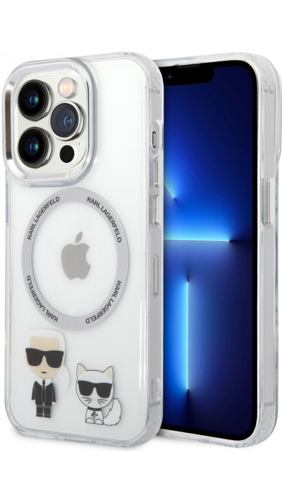 Coque iPhone 14 Pro - Karl Lagerfeld et Choupette duo gel rigide avec MagSafe argenté - Transparent