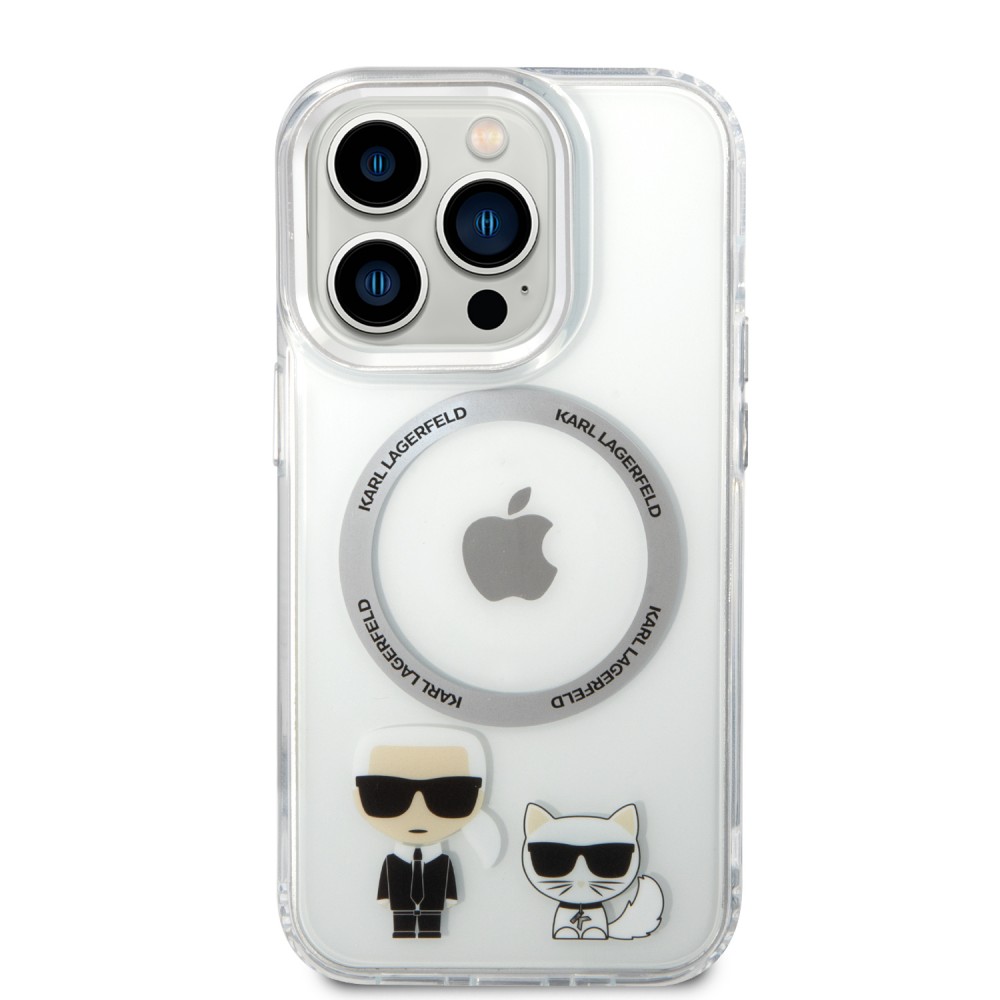 Coque iPhone 14 Pro - Karl Lagerfeld et Choupette duo gel rigide avec MagSafe argenté - Transparent