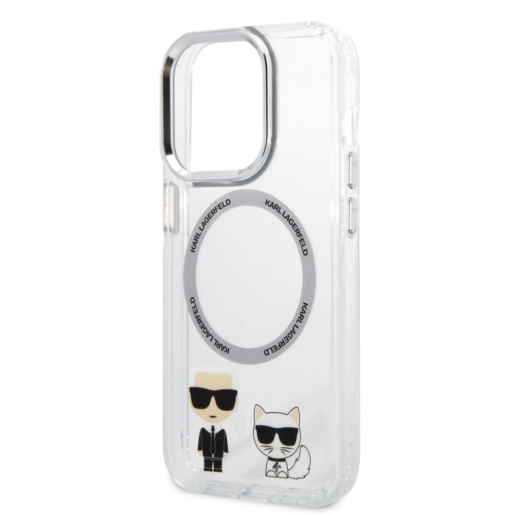 Coque iPhone 14 Pro - Karl Lagerfeld et Choupette duo gel rigide avec MagSafe argenté - Transparent