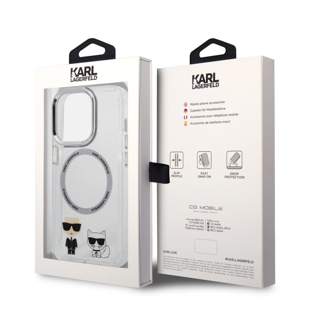 iPhone 15 Pro Case Hülle - Karl Lagerfeld und Choupette duo gel rigide mit MagSafe in silber - Transparent