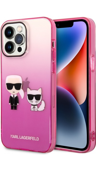 Coque iPhone 14 Pro - Karl Lagerfeld et Choupette duo gel rigide laqué dégradé de rose à transparent - Rose