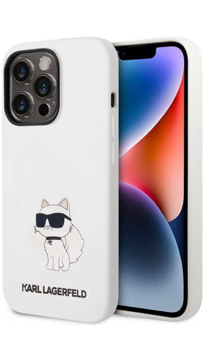 Coque iPhone 14 Pro - Karl Lagerfeld silicone soft touch Choupette - Blanc