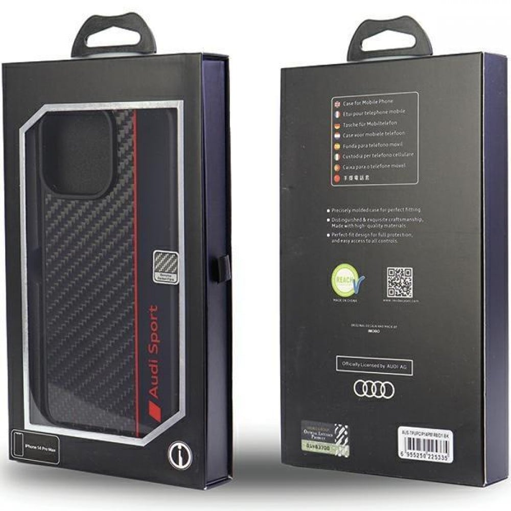 Coque iPhone 14 Pro - Audi Sport fibre de carbone véritable avec bords en silicone