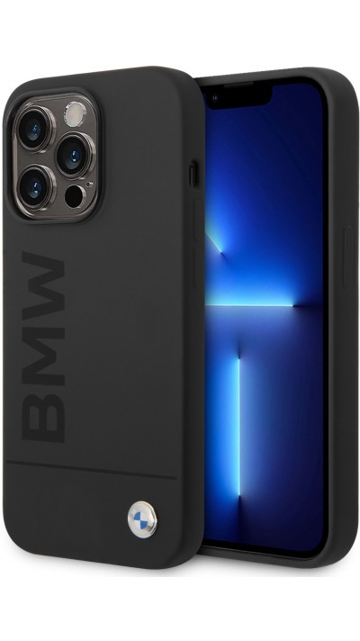 Coque iPhone 14 Pro Max - BMW silicone soft touch avec logo métallique en relief - Noir