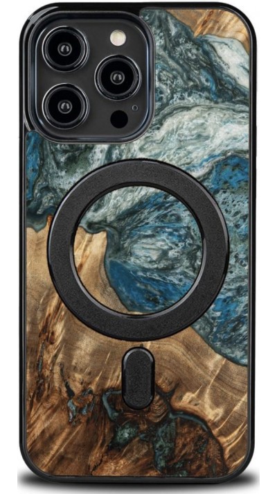 Coque iPhone 14 Pro Max - Bewood Unique Bois et résine Case MagSafe Planet Earth - Bleu-vert