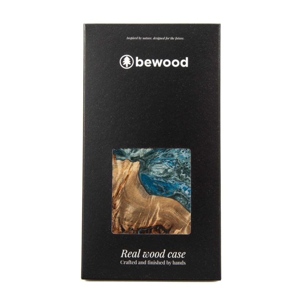 Coque iPhone 14 Pro Max - Bewood Unique Bois et résine Case MagSafe Planet Earth - Bleu-vert