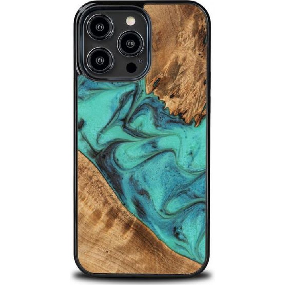 Coque iPhone 14 Pro Max - Bewood Unique Bois et résine Case - Turquoise & noir