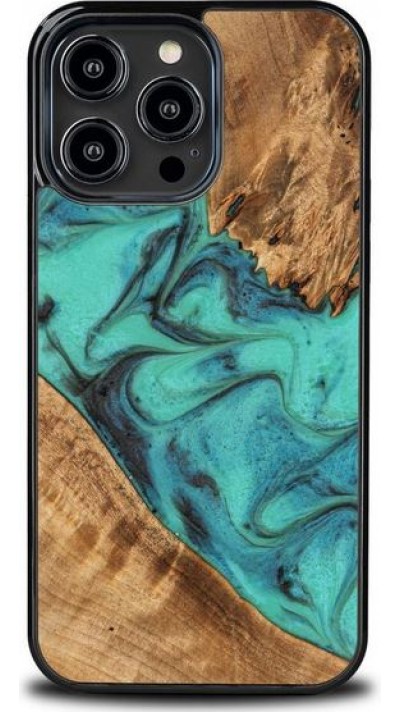 Coque iPhone 14 Pro Max - Bewood Unique Bois et résine Case - Turquoise & noir