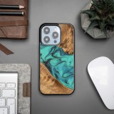 Coque iPhone 14 Pro Max - Bewood Unique Bois et résine Case - Turquoise & noir