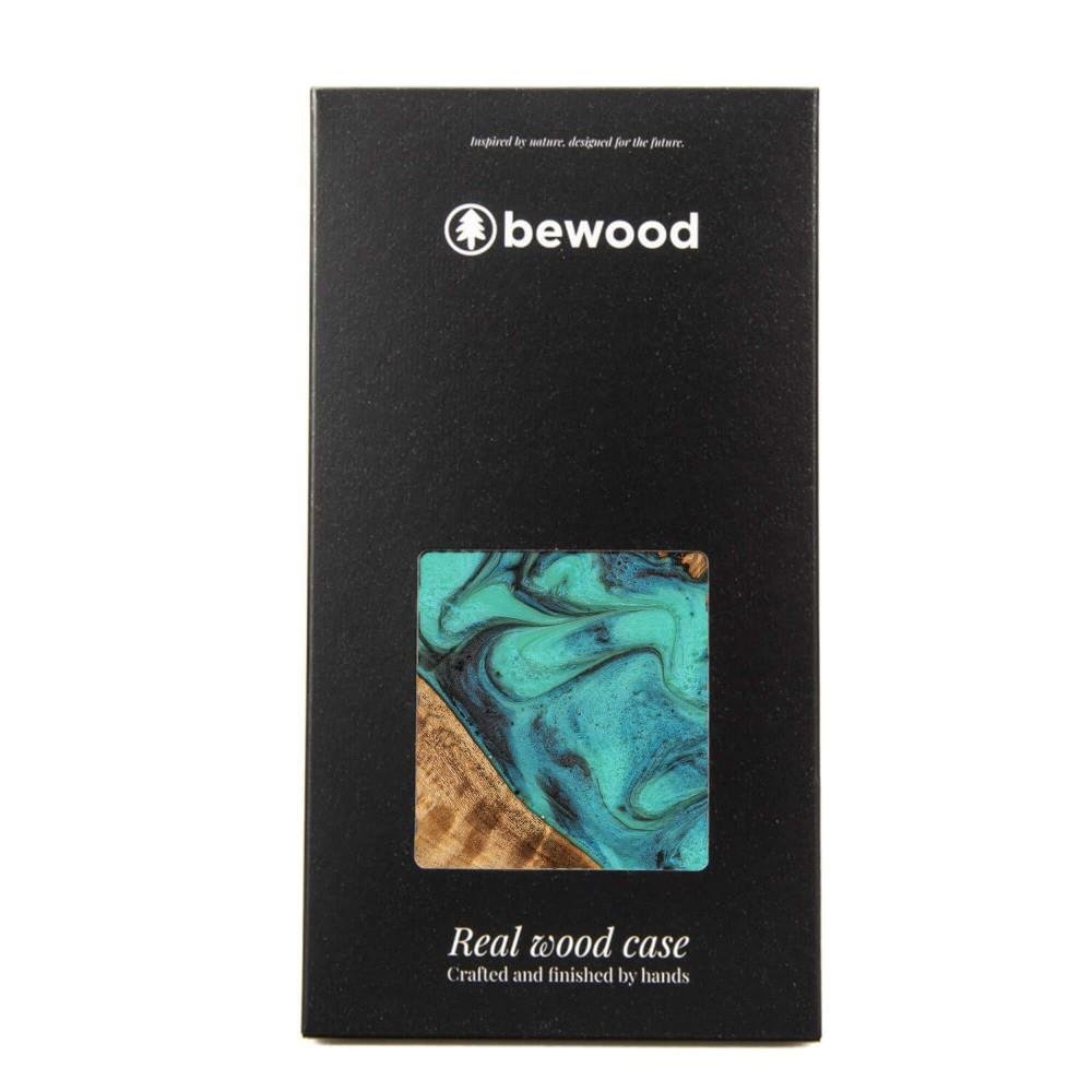 Coque iPhone 14 Pro Max - Bewood Unique Bois et résine Case - Turquoise & noir