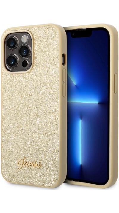 Coque iPhone 14 Pro Max - Guess paillettes or avec logo en métal doré - Or