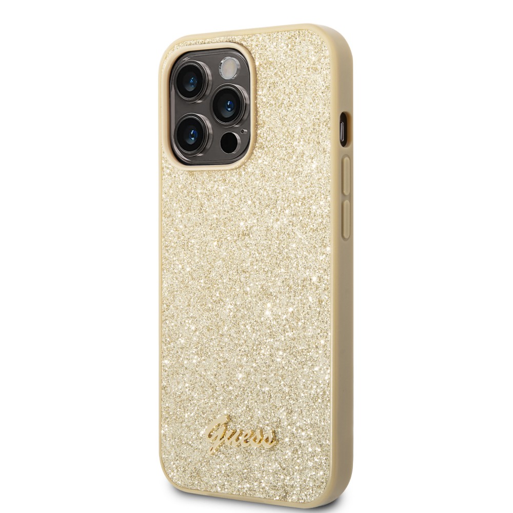 Coque iPhone 14 Pro Max - Guess paillettes or avec logo en métal doré - Or